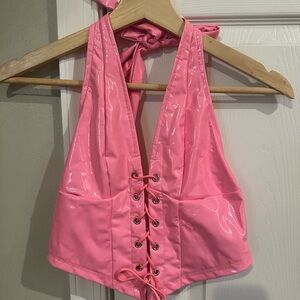 Pink Halter Lace-Up Top